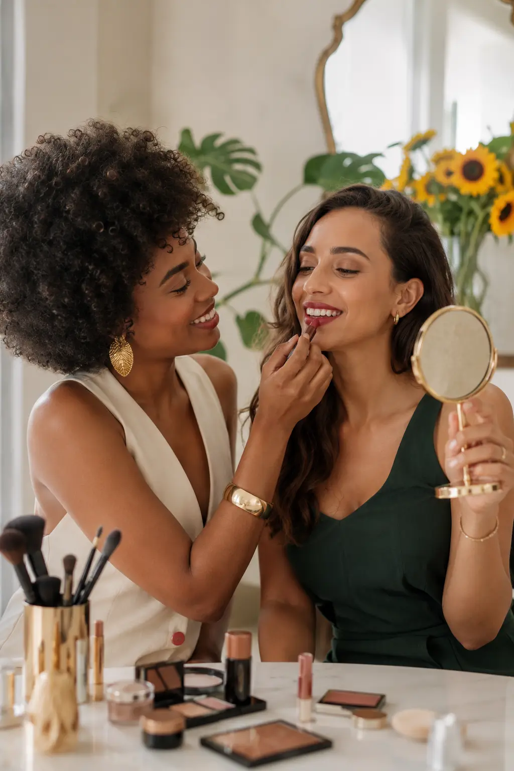 Duas amigas compartilhando um momento de maquiagem